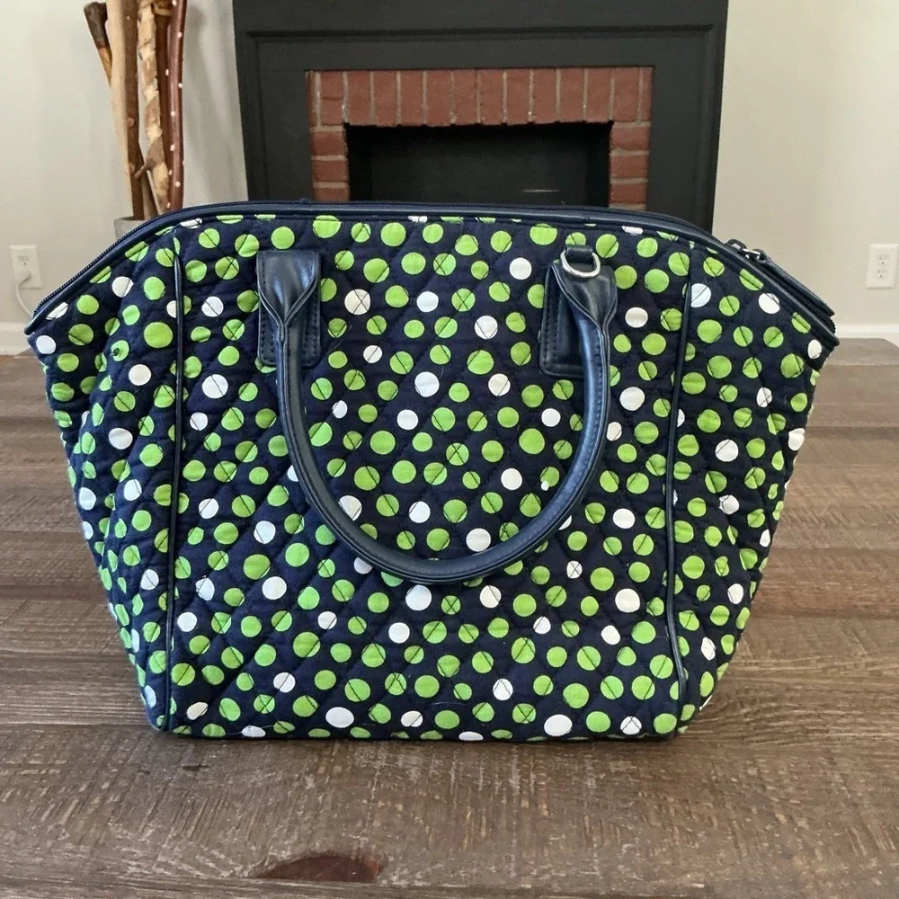 Vera Bradley Large Quilted Tote Bag Navy Green Dot Print